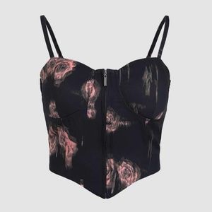 floral cider corset top with a zipper down the middle